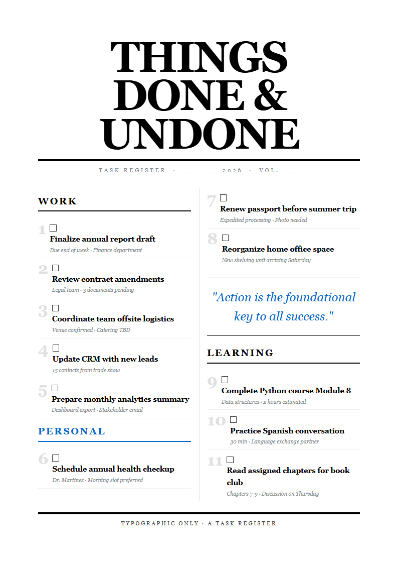 Typographic only to do list with editorial layout